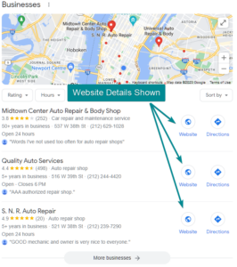 example map pack with website details local seo